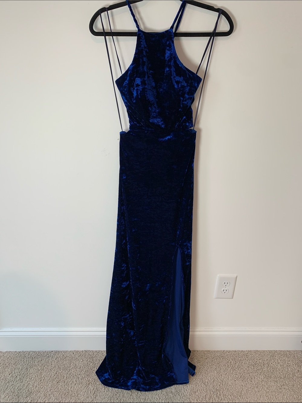 Morgan & Co. Royal Blue crushed Velvet Maxi Dress with Strappy back 2 NWOT